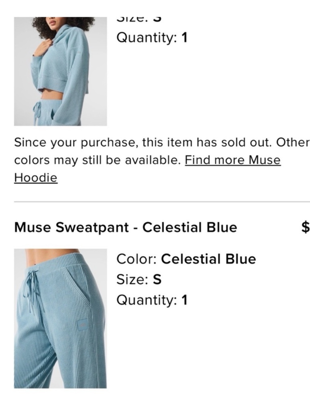 ALO Yoga Muse Top & Bottom Set in Celetial Blue Size: Small